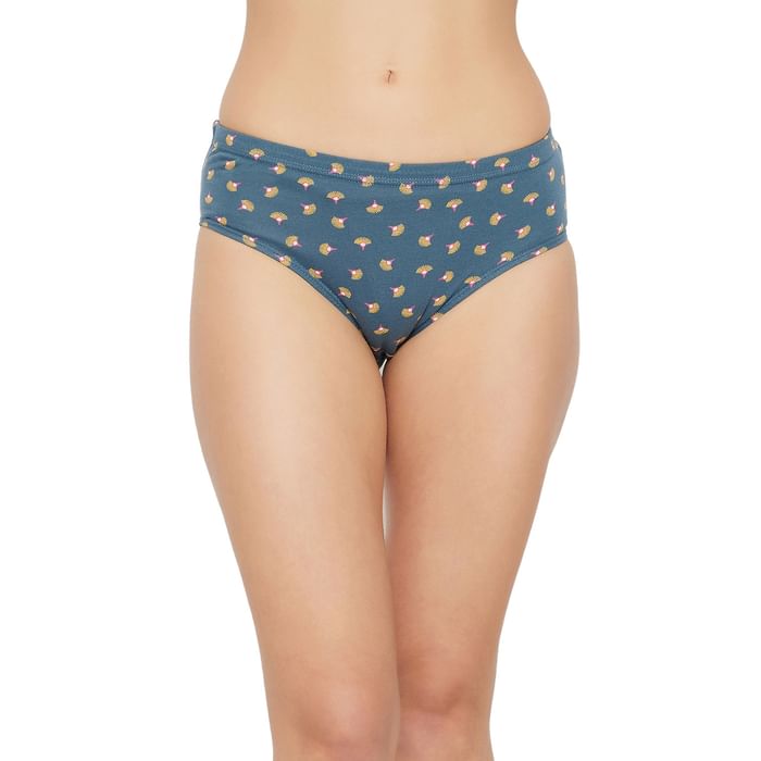 

Clovia Mid Waist Floral Print Hipster Panty in Powder Blue with Inner Elastic - Cotton - PN2855I08, Navy