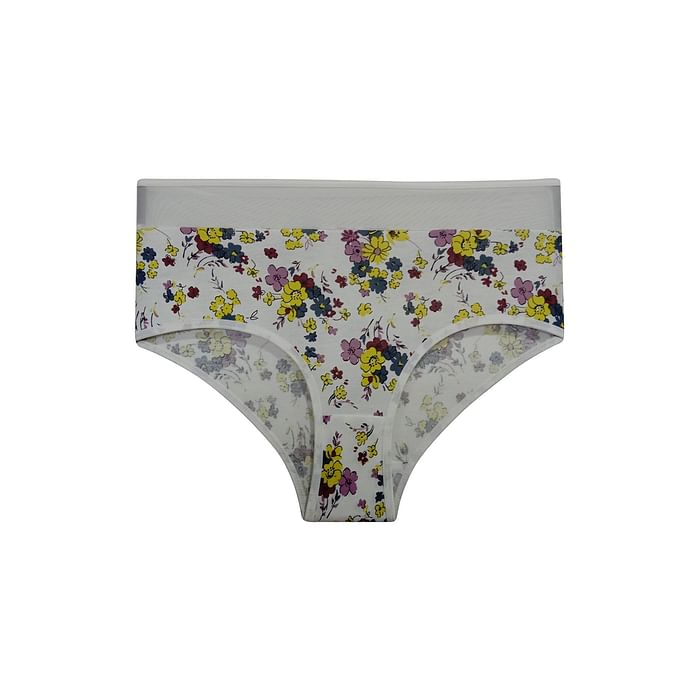 

Clovia High Waist Floral Print Hipster Panty with Mesh Waist in White - Cotton & Powernet - PN3042O18