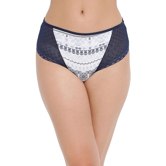 

Clovia Cotton Mid Waist Printed Hipster Panty with Lace Wings In Blue - PN3284P08, Navy