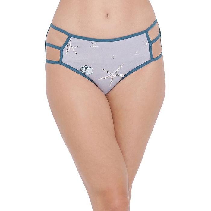 

Clovia Cotton Mid Waist Printed Hipster Panty with Cage Sides In Grey - PN3347P01, Light grey