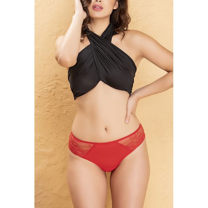 

Clovia Low Waist Thong with Lace Waist in Red- Powernet - PN3434P04
