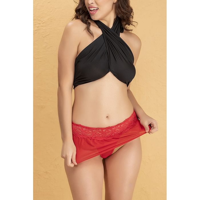 

Clovia Mid Waist Thong with Skirt Panel & Lace Waist in Red- Powernet - PN3435P04