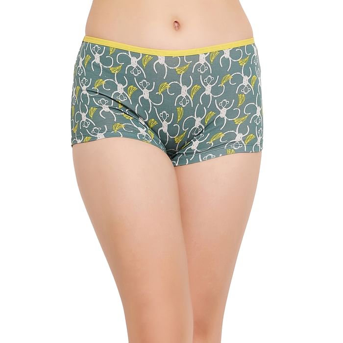 

Clovia Mid Waist Monkey Print Boyshorts in Dark Green - Cotton - PN3501A17