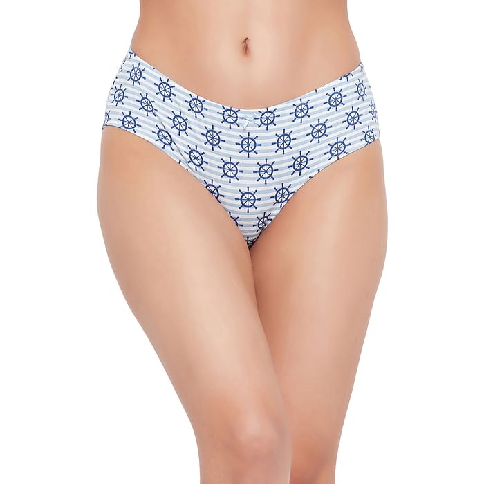 

Clovia Mid Waist Printed Hipster Panty in Baby Blue with Inner Elastic - Cotton - PN3514B03, Light blue