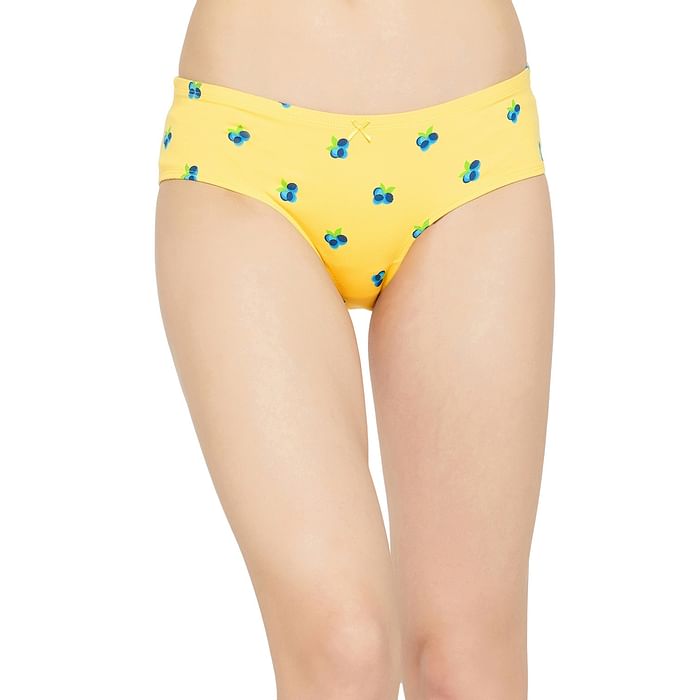 

Clovia Mid Waist Fruit Print Hipster Panty in Yellow with Inner Elastic - Cotton - PN3514P02, Light yellow