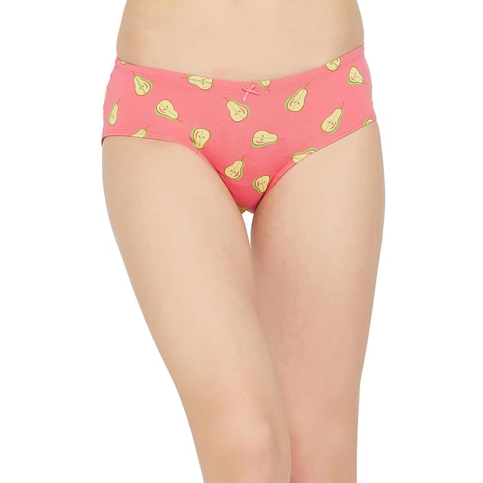 

Clovia Mid Waist Fruit Print Hipster Panty in Salmon Pink with Inner Elastic - Cotton - PN3514P22, Light pink