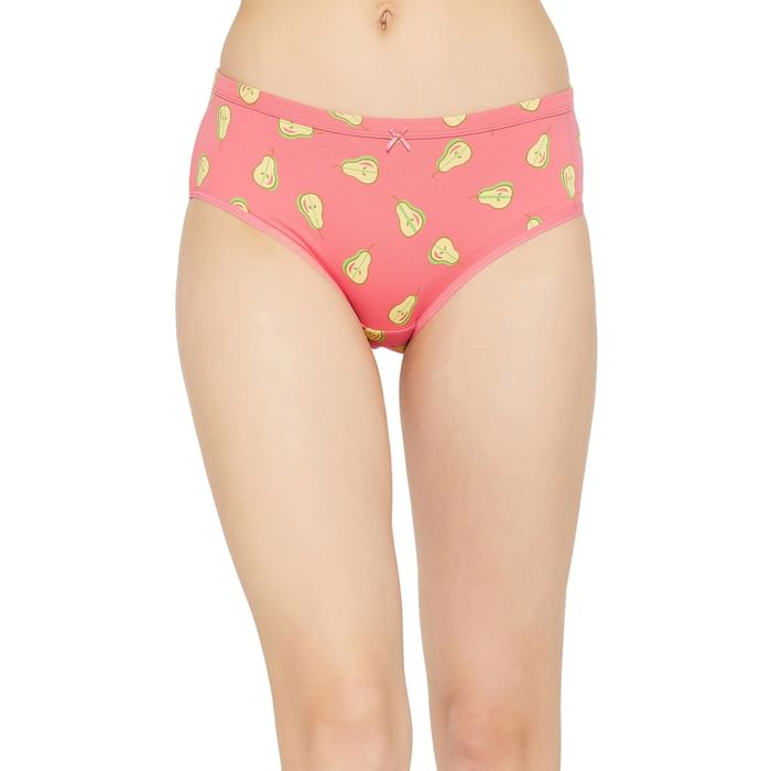 

Clovia Mid Waist Fruit Print Hipster Panty in Salmon Pink - Cotton - PN3515P22, Light pink