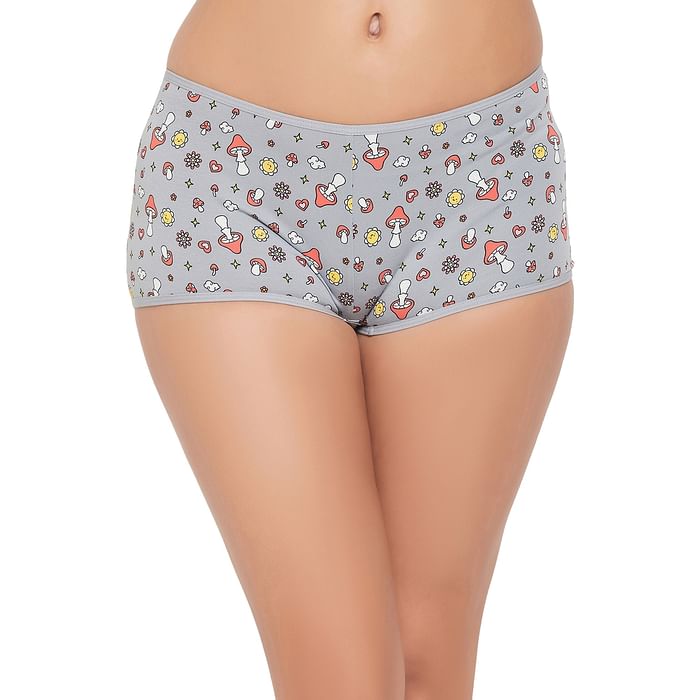 

Clovia Mid Waist Mushroom Print Boyshorts in Grey - Cotton - PN3517A01, Light grey