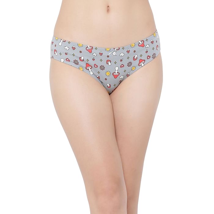 

Clovia Low Waist Printed Bikini Panty in Light Grey with Inner Elastic - Cotton - PN3518A01