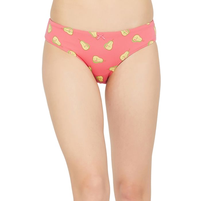 

Clovia Low Waist Fruit Print Bikini Panty in Salmon Pink with Inner Elastic - Cotton - PN3518P22, Light pink