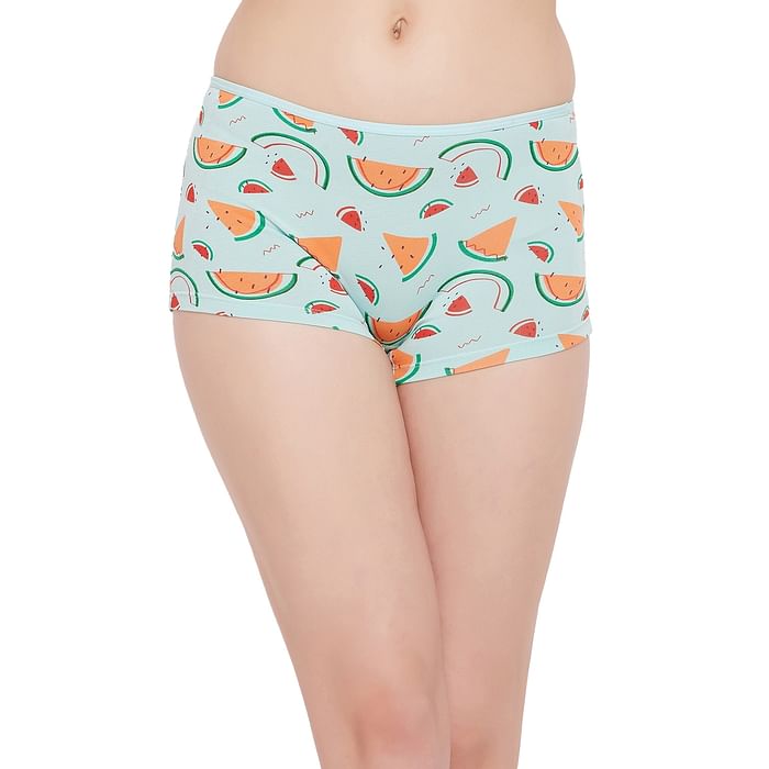 

Clovia Mid Waist Fruit Print Boyshorts in Baby Blue - Cotton - PN3522C03, Light blue