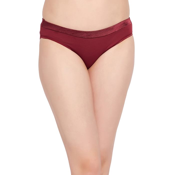 

Clovia Ultra low Waist Bikini Panty in Maroon with Satin Waist - Cotton - PN3540P09