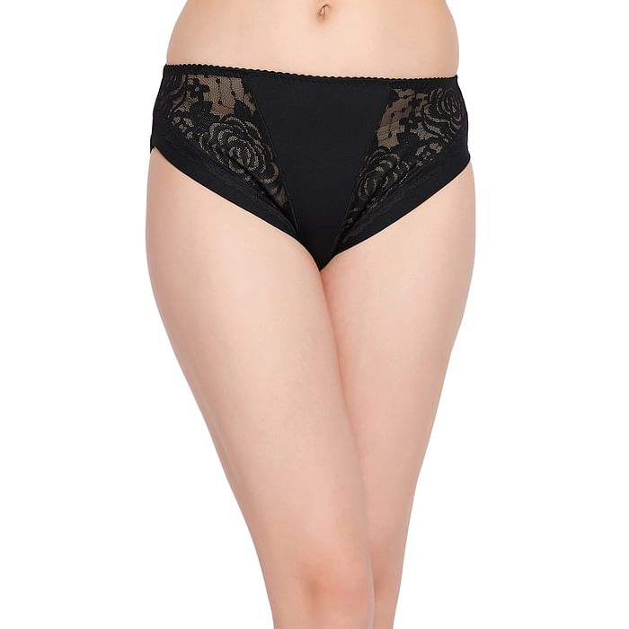 

Clovia Mid Waist Hipster Panty in Black with Lace Panels - Cotton - PN3541P13