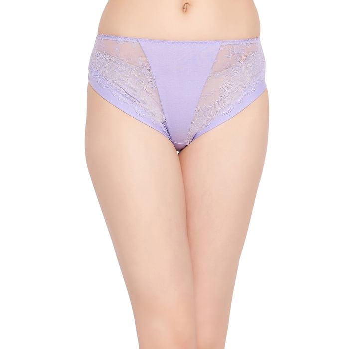 

Clovia Mid Waist Hipster Panty in Lilac with Lace Panels - Cotton - PN3541P15