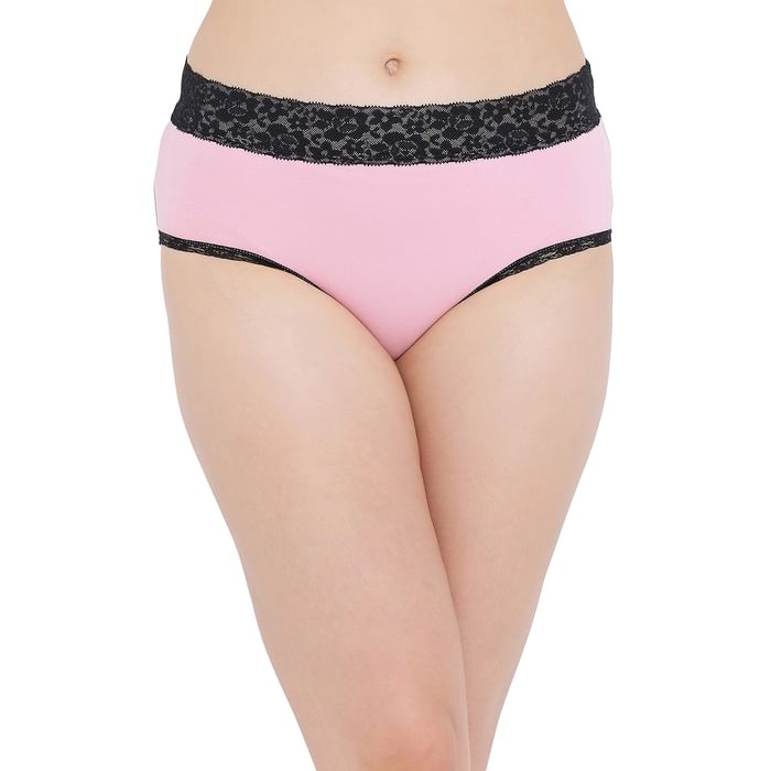 

Clovia Cotton Mid Waist Hipster Panty with Lace Panels - PN5021A22, Light pink