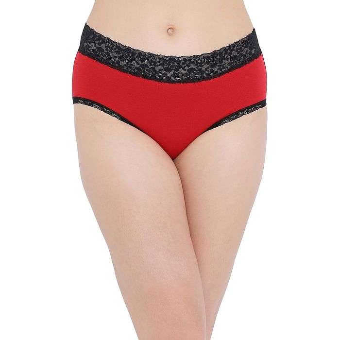 

Clovia Cotton Mid Waist Hipster Panty with Lace Waist - PN5021P04, Red