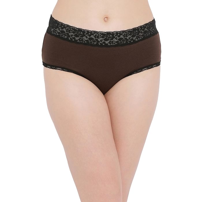 

Clovia Cotton Mid Waist Hipster Panty with Lace Waist - PN5021P06, Brown