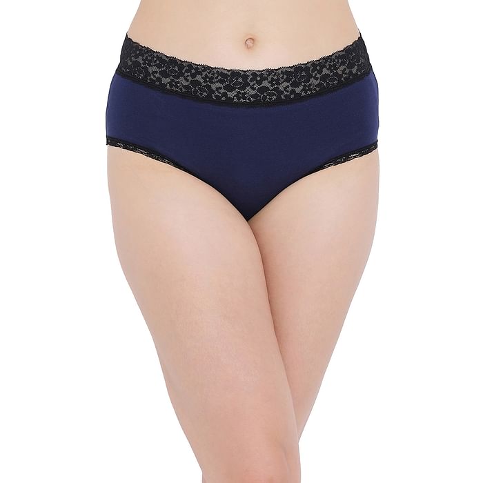 

Clovia Cotton Mid Waist Hipster Panty with Lace Waist - PN5021P08, Navy