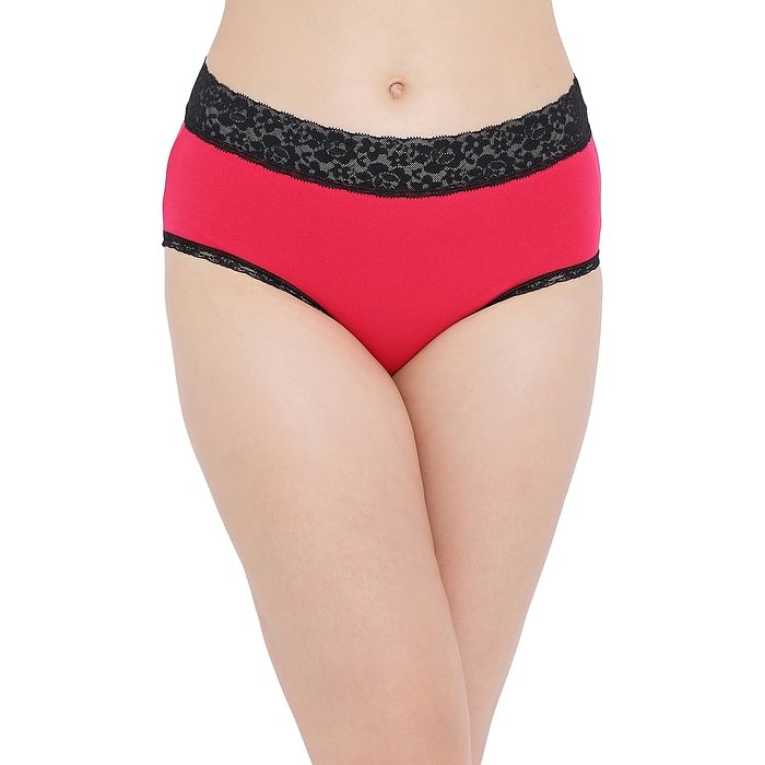 

Clovia Cotton Mid Waist Hipster Panty with Lace Waist - PN5021P14, Pink