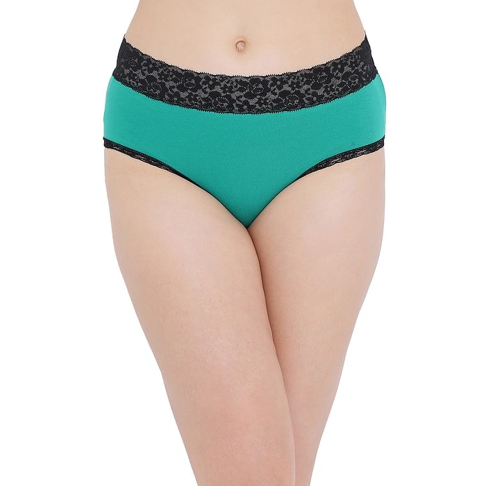 

Clovia Cotton Mid Waist Hipster Panty with Lace Waist - PN5021P17, Dark green