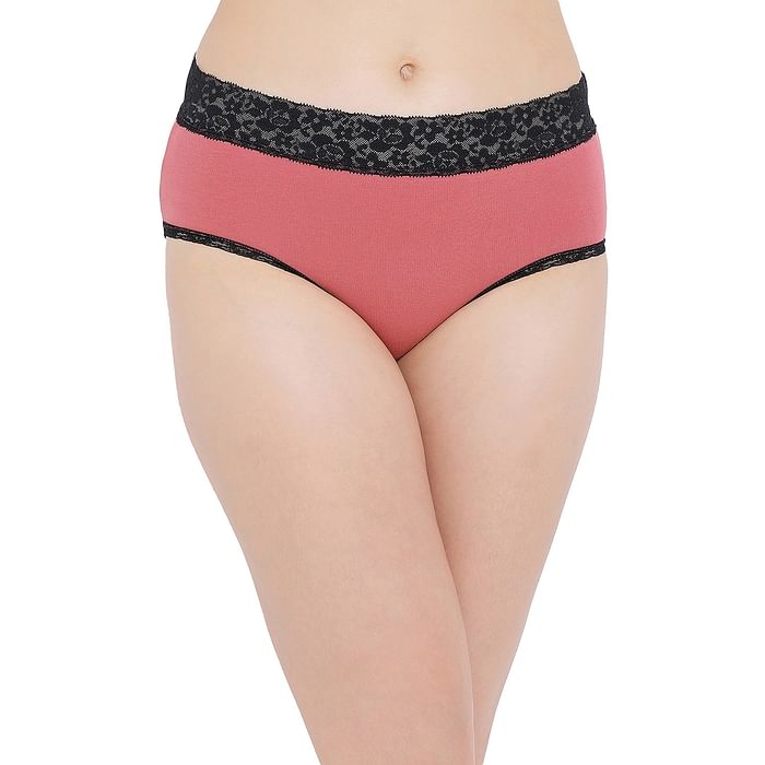 

Clovia Cotton Mid Waist Hipster Panty with Lace Waist - PN5021P22, Light pink