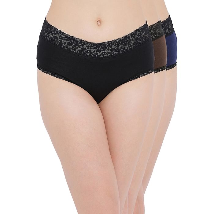 

Clovia Pack of 3 Cotton Mid Waist Hipster Panties with Lace Waist - PNC502160, Assorted