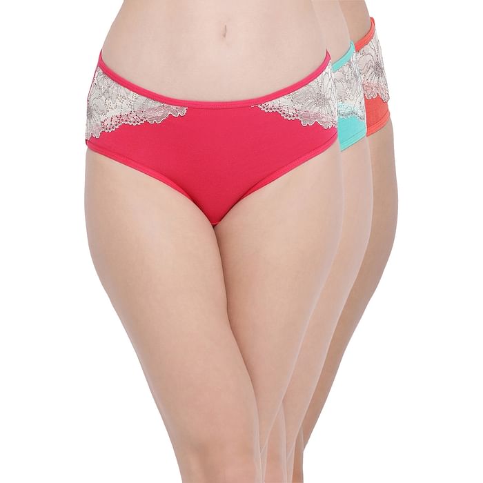 

Clovia Pack of 3 Mid Waist Hipster Panties with Lace Inserts - Cotton - PNC502560, Assorted
