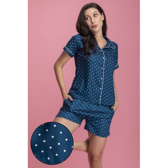 

Clovia Polka Print Button Down Shirt & Shorts Set in Dark Blue - Rayon - LS0141A08, Navy