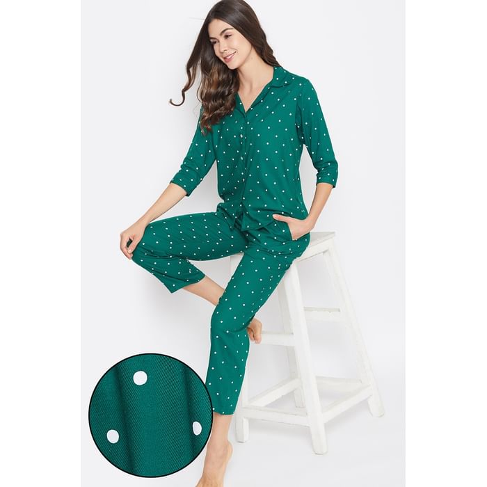 

Clovia Polka Print Button Down Shirt & Pyjama Set in Olive Green - Rayon Twill - LS0385A17, Dark green