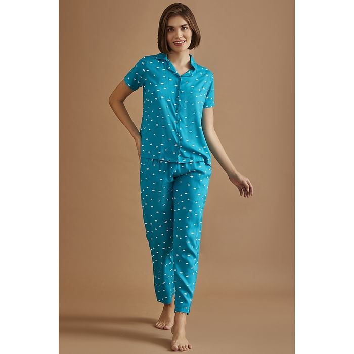 

Clovia Polka Print Button Down Shirt & Pyjama Set in Teal Green - Rayon - LS0385P36