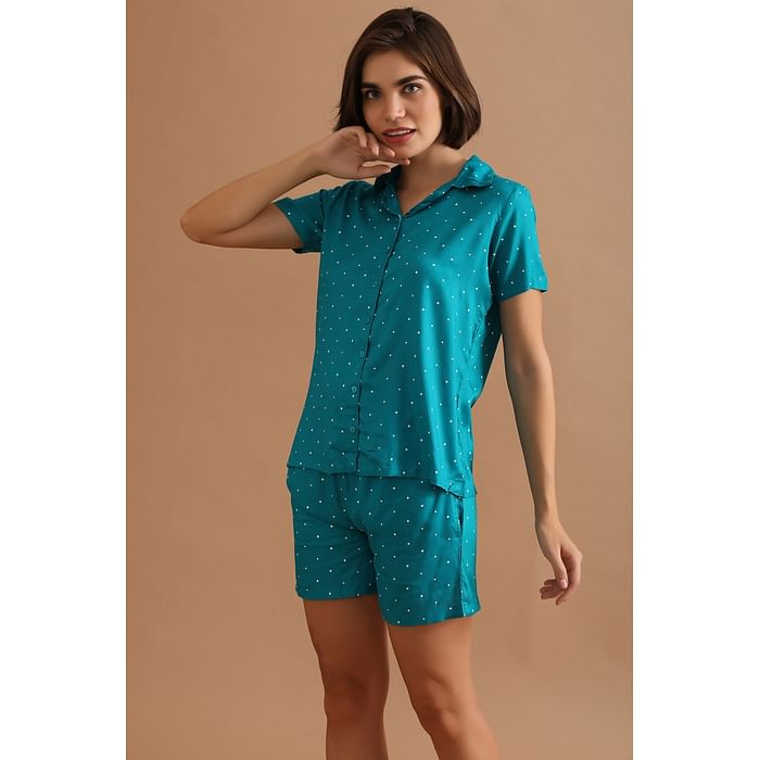 

Clovia Polka Print Button Down Shirt & Shorts Set in Teal Green - Rayon - LS0141P36