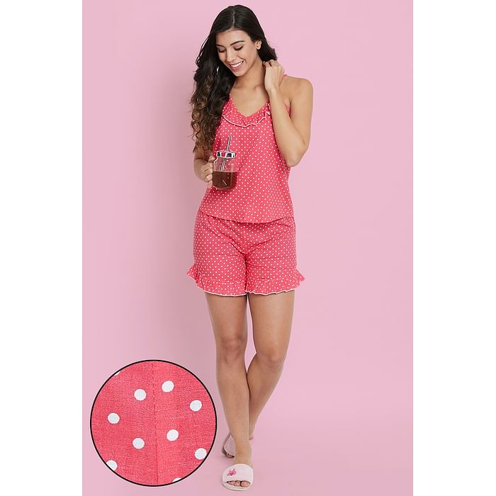 

Clovia Polka Print Cami Top & Shorts in Red - 100% Cotton - LS0526P04