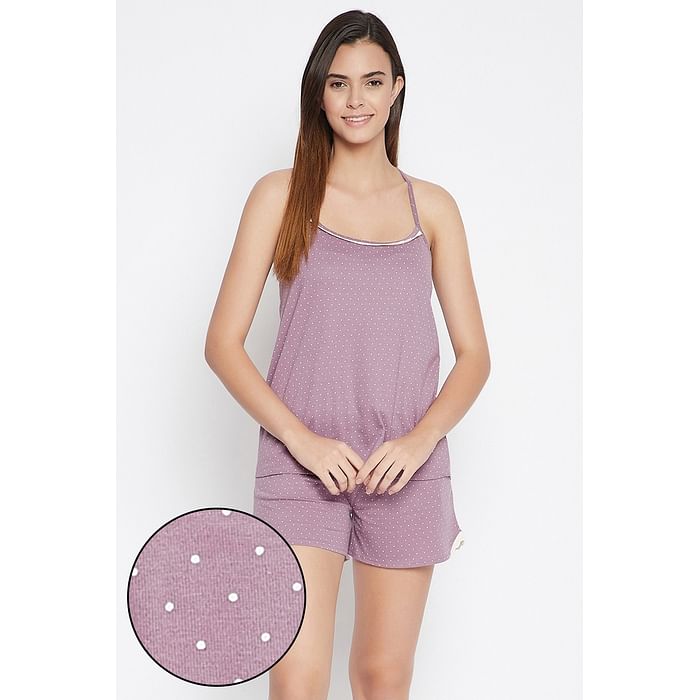 

Clovia Polka Print Cami Top & Shorts Set in Mauve - 100% Cotton - LS0576P15, Purple