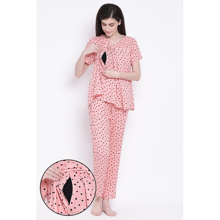 

Clovia Feeding Polka Print Layered Top & Pyjama in Peach - Rayon - LS0263A22, Light pink
