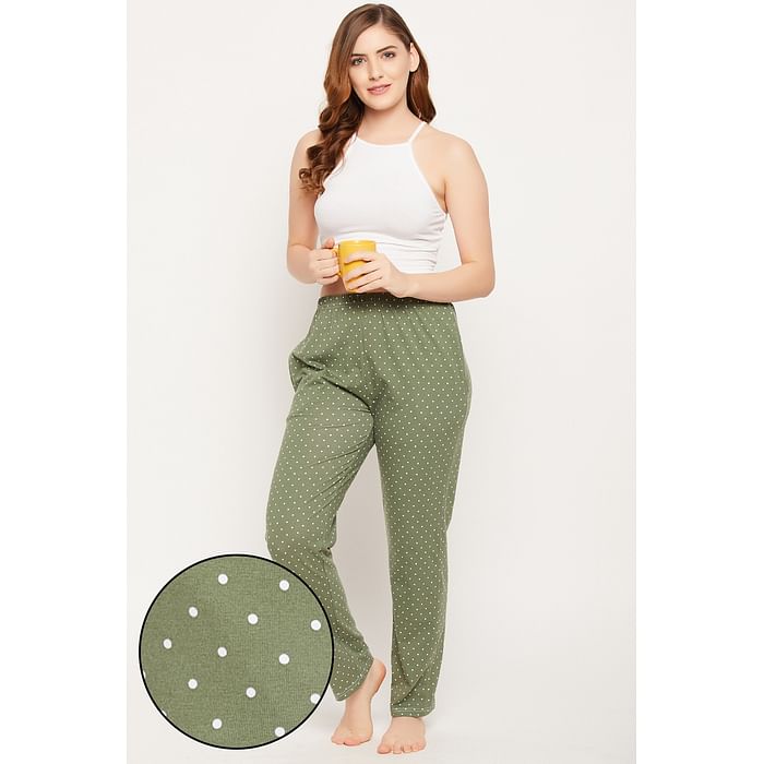 

Clovia Polka Print Pyjama in Olive Green - 100% Cotton - LB0149P17, Dark green