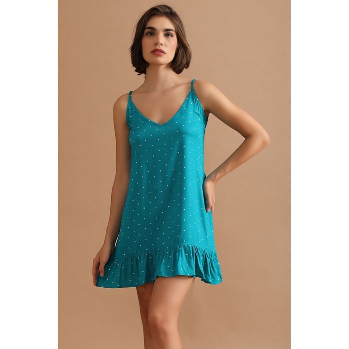 

Clovia Polka Print Short Night Dress in Teal Green - Rayon - NS1346P36