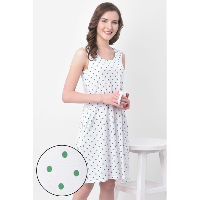 

Clovia Polka Print Short Night Dress in White- Cotton Rich - NS1169D18
