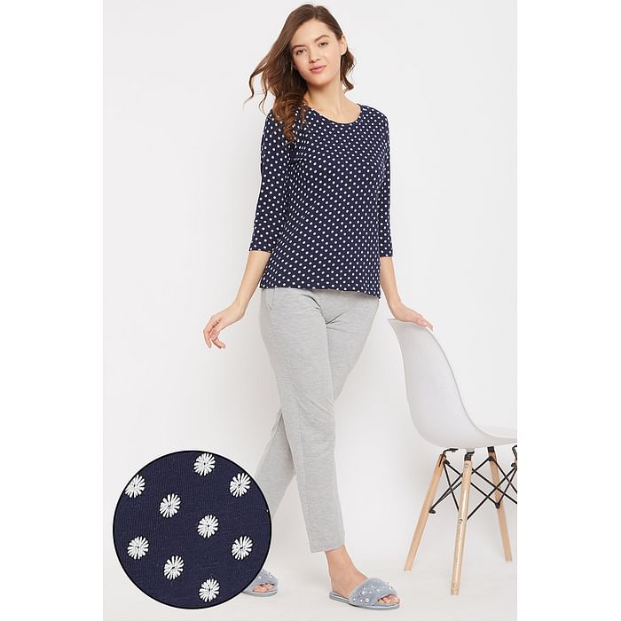 

Clovia Pretty Florals Top & Pyjama in Navy & Grey - Cotton Rich - LSC148A08