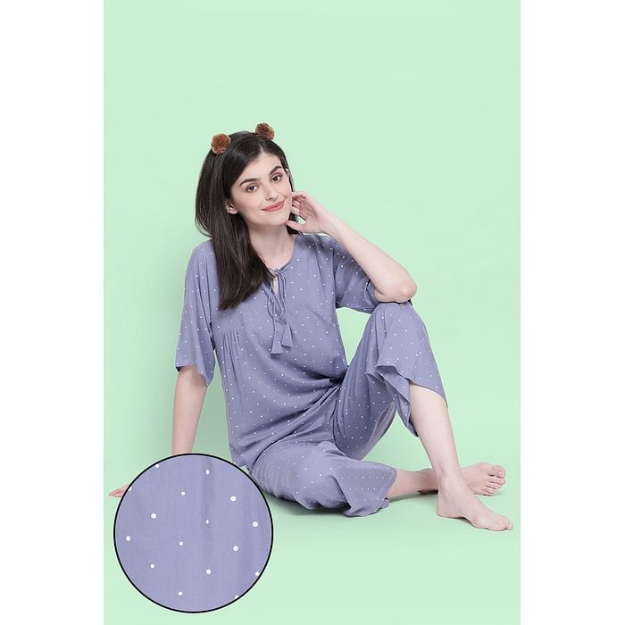 

Clovia Polka Print Top & Pyjama in Powder Blue - Rayon - LS0535A05, Dark grey