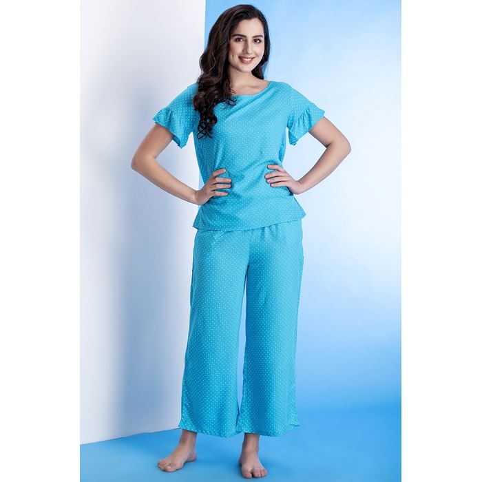 

Clovia Polka Print Top & Pyjama Set in Light Blue - Rayon - LS0534P03