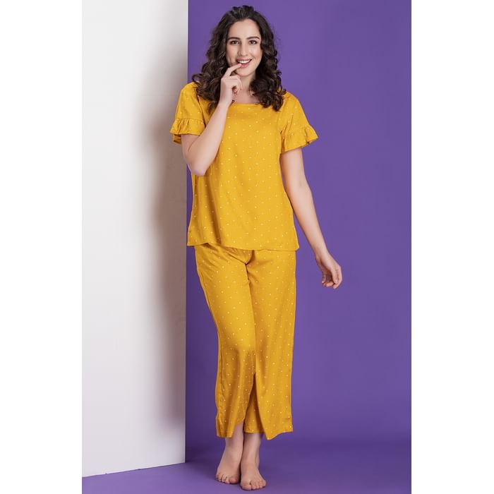 

Clovia Polka Print Top & Pyjama Set in Mustard - Rayon - LS0534P07