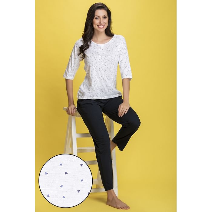 

Clovia Polka Print Top & Pyjama Set in White & Navy - Cotton Rich - LS0403A18
