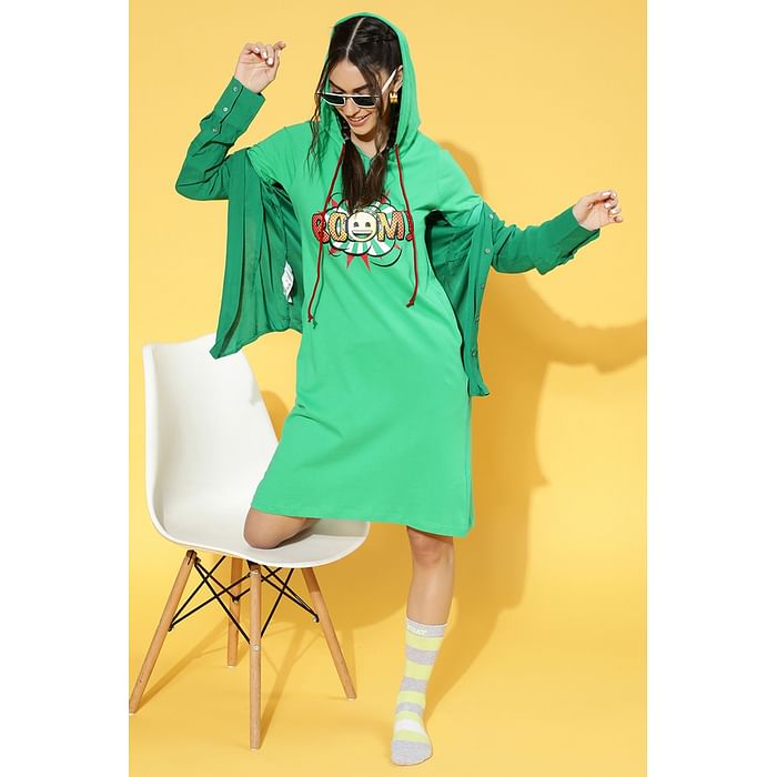 

Clovia Emoji Print Hooded Sleep Tee in Sea Green - 100% Cotton - NS1234P17, Dark green