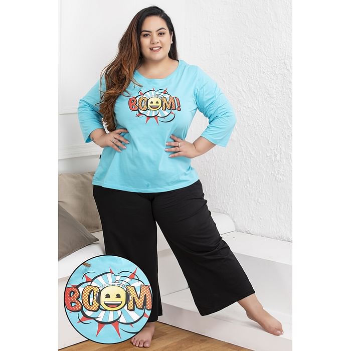 

Clovia Emoji Print Top & Solid Flared Pants in Light Blue & Black - 100% Cotton - LS0546P03