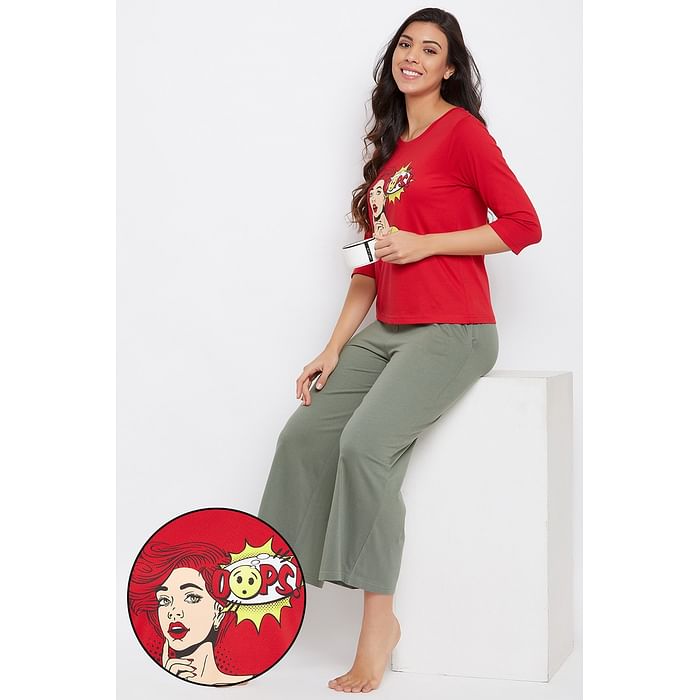 

Clovia Emoji Print Top & Solid Flared Pants in Red & Olive Grey - 100% Cotton - LS0546P04