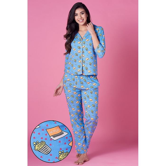

Clovia Popcorn Print Button Me Up Shirt & Pyjama in Light Blue - 100% Cotton - LS0385L08, Navy