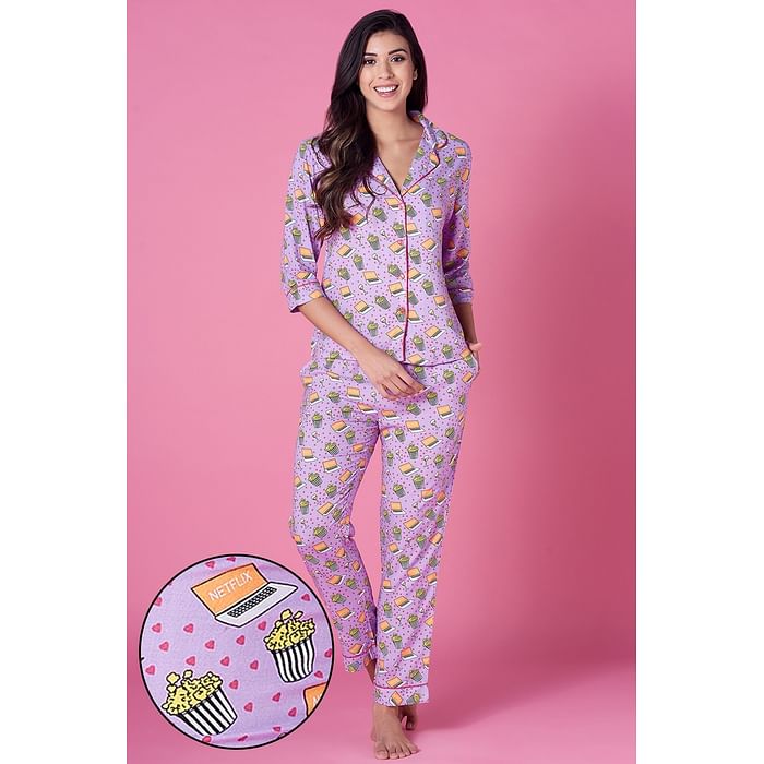 

Clovia Popcorn Print Button Me Up Shirt & Pyjama in Lilac - 100% Cotton - LS0385A12, Lavender