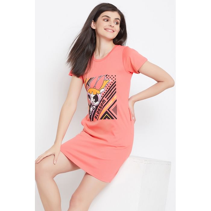 

Clovia Powerpuff Girls Print Sleep Tee in Coral Orange - 100% Cotton - NS1209P34, Teal