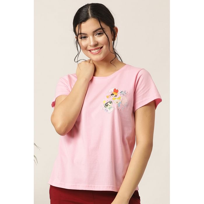 

Clovia Powerpuff Girls Print Top in Baby Pink- 100% Cotton - LT0145P22, Light pink