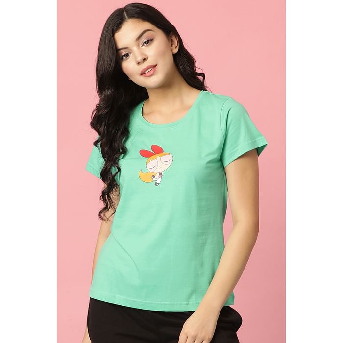 

Clovia Powerpuff Girls Print Top in Cyan- 100% Cotton - LT0145P11, Light green